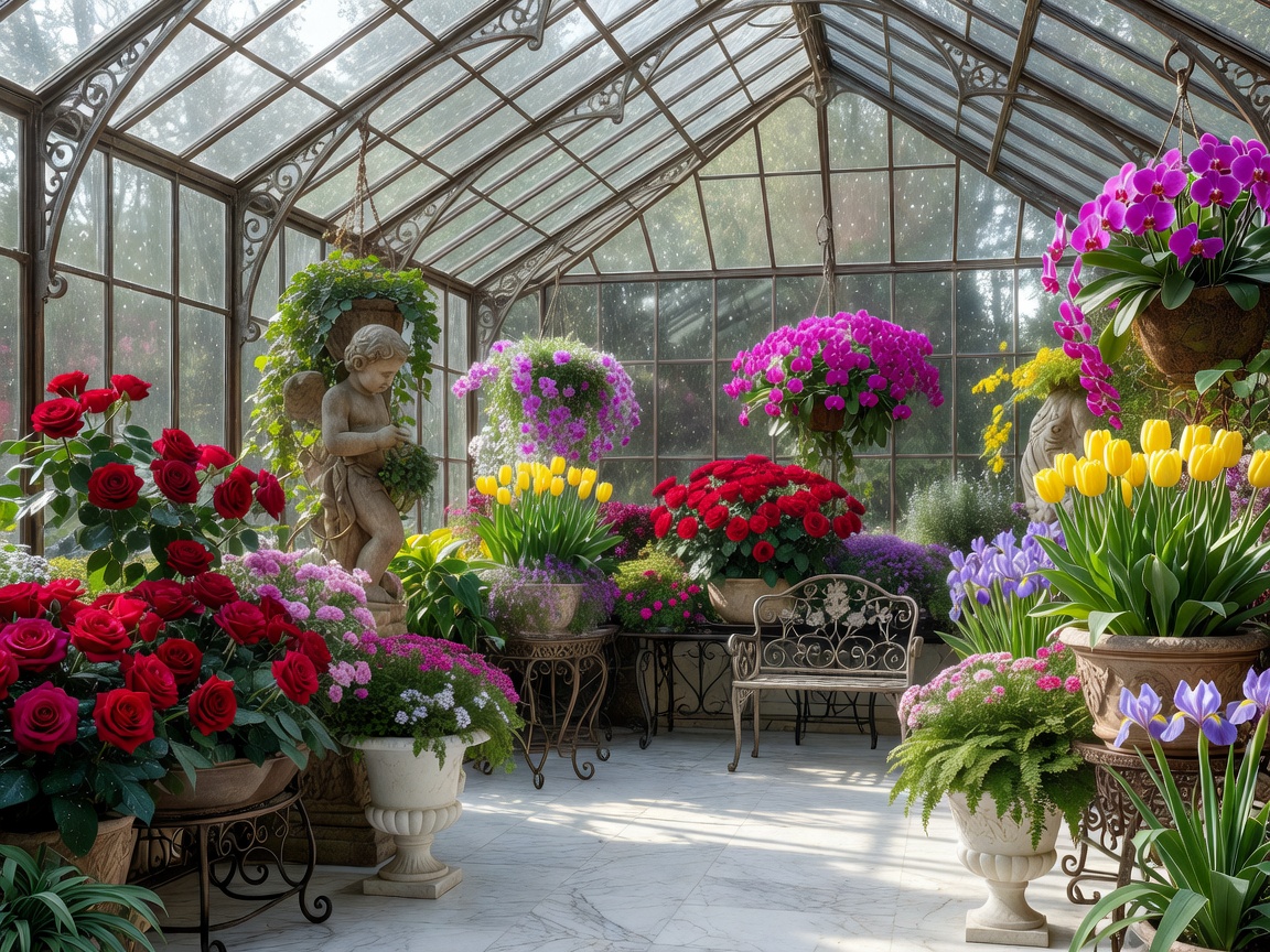 A luxurious greenhouse interior featuring colorful flowers, decorative elements, and clear glass ceilings