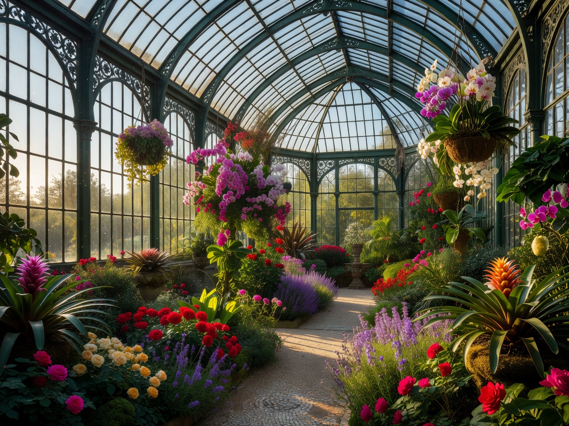 A magnificent Victorian botanical conservatory filled with blooming flowers and elegant glass architecture