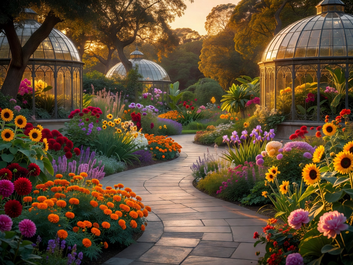 A peaceful botanical garden with elegant pathways, vibrant seasonal blooms, and glass domes during golden hour